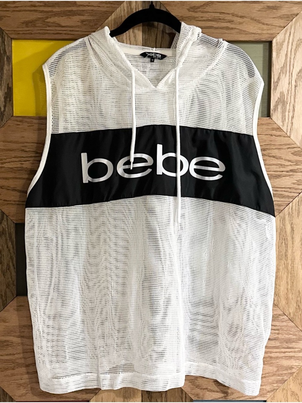 Vtg Bebe Sport Mesh Sleeveless Hoodie Y2K B&W Athleisure Top Workout Coverup 3XL - Picture 2 of 8